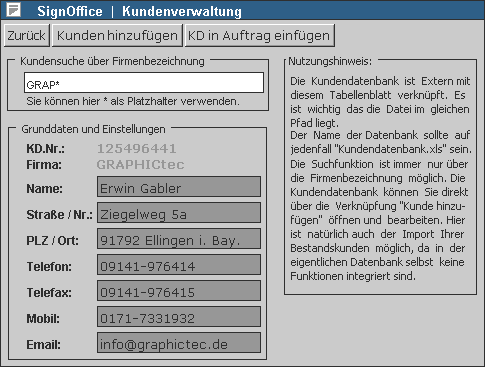 Kundendaten der Schneidplottersoftware