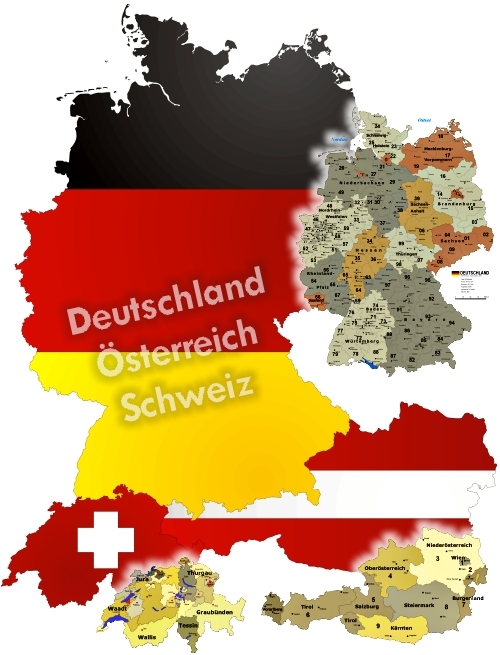 Deutschland, Österreich, Schweiz Vektorlandkarte